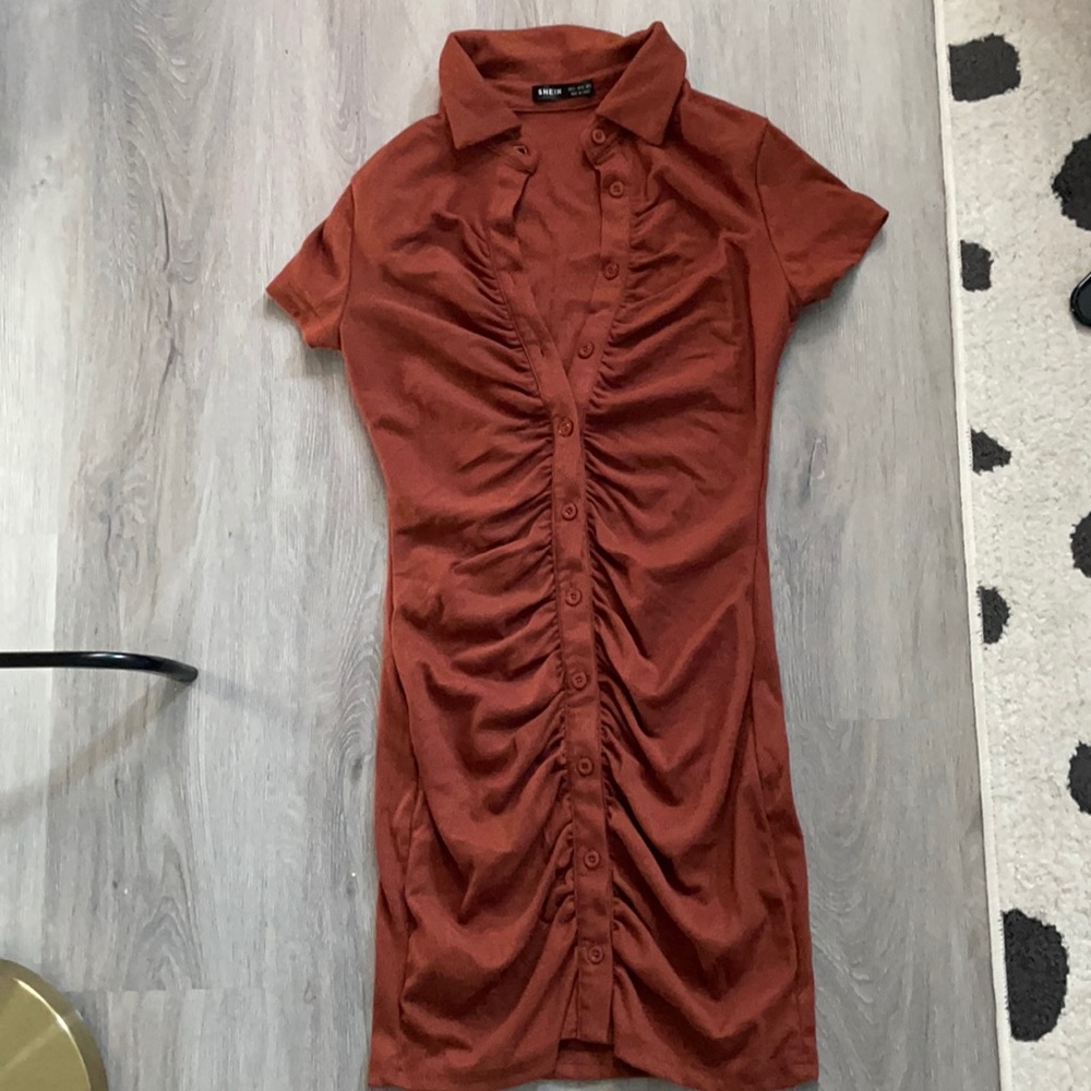 Brown ruched shirt dress